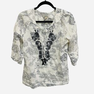 Malvin 100% linen white black paisley embroidered boho peasant blouse Size M